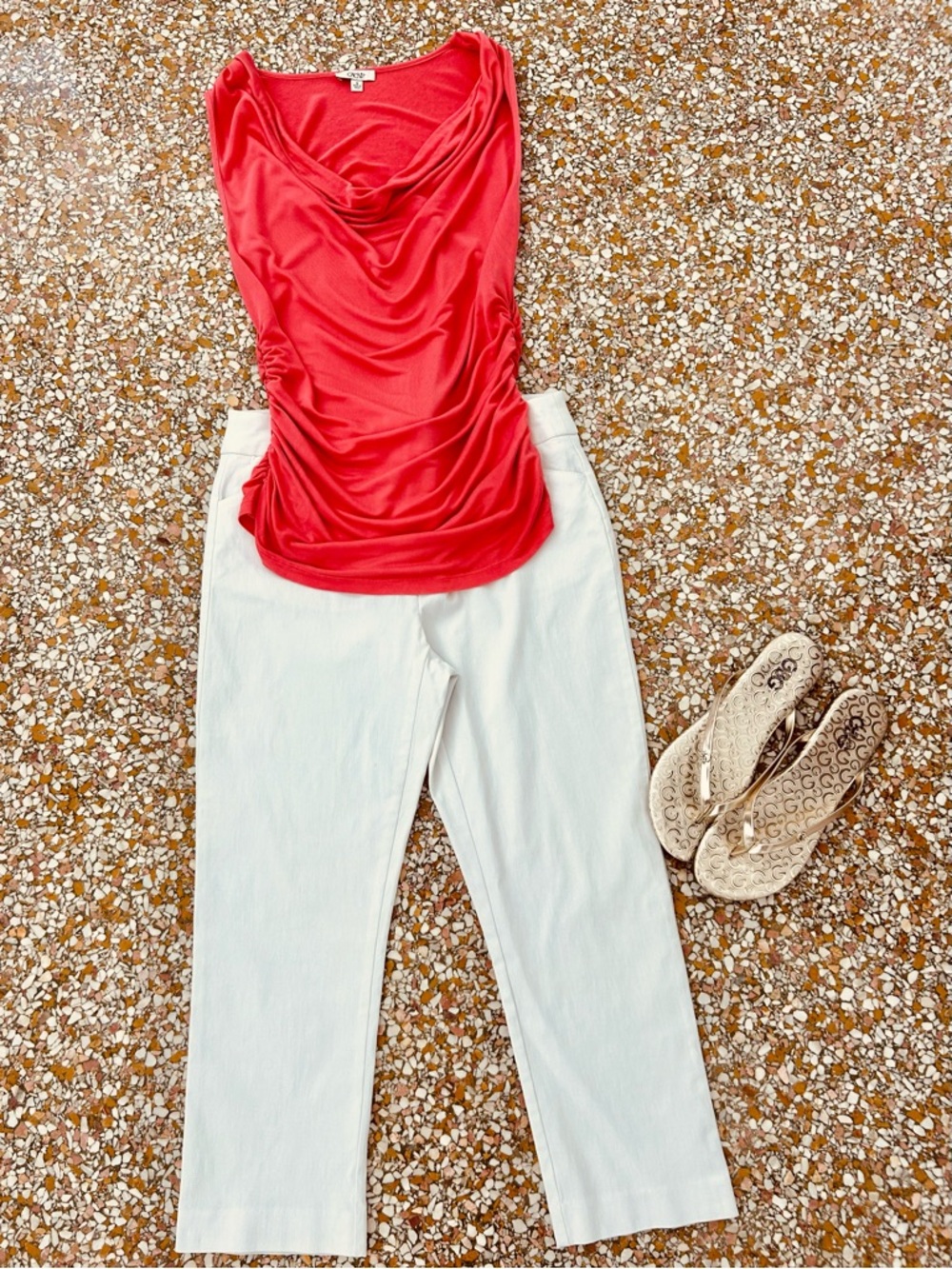 Cache Coral Draped Cowl Neck Ruched Top Size Small Slimming Stretch Tank